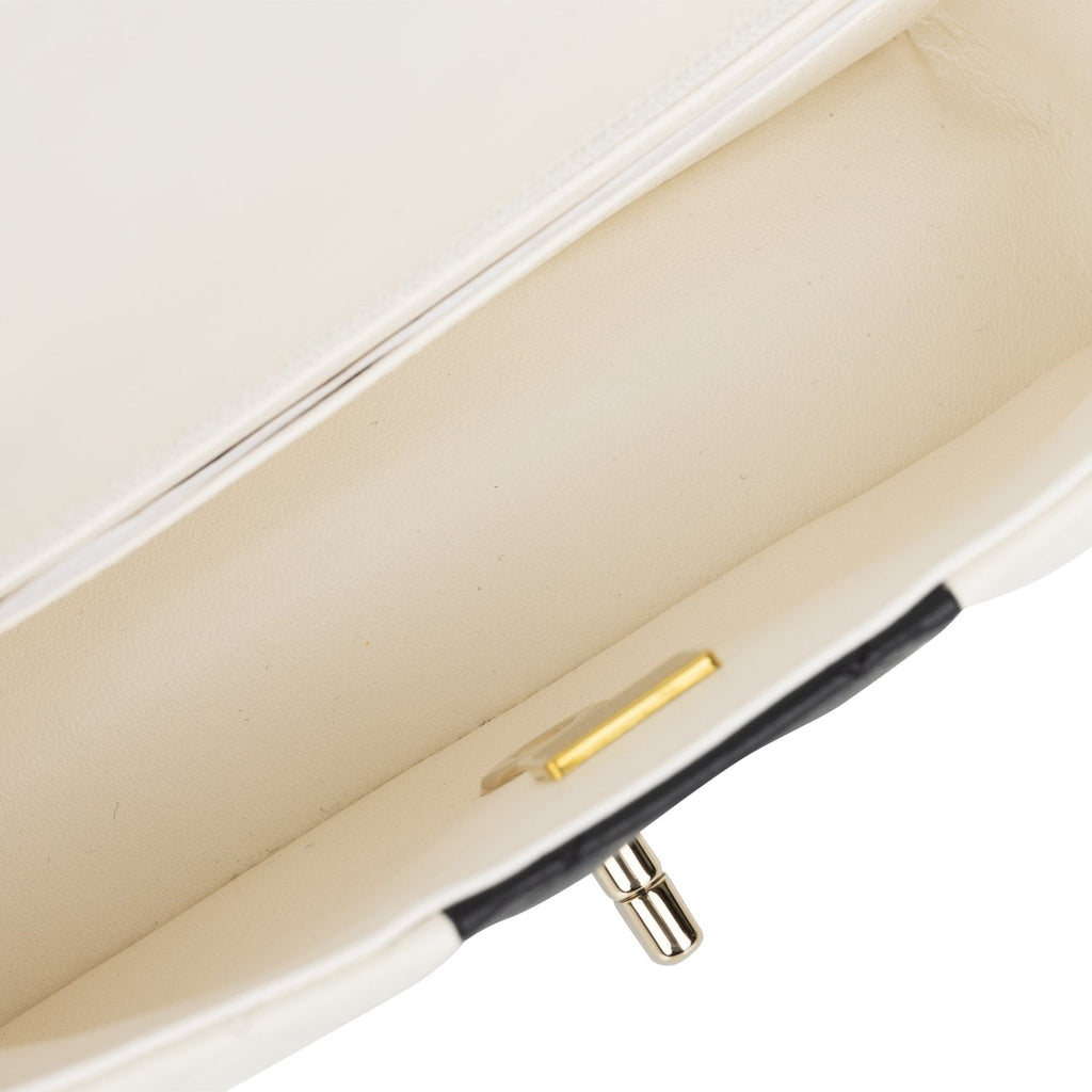 Chanel Mini Rectangular Flap Bag White and Black Lambskin Light Gold Hardware