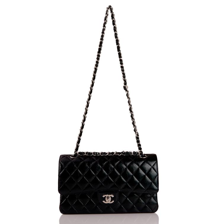 CHANEL Shiny Crumpled Calfskin Quilted Medium Double Flap So Black 573208