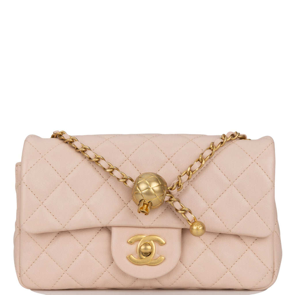 Chanel Pearl Crush Mini Rectangular Flap Bag Light Beige Lambskin Antique Gold Hardware