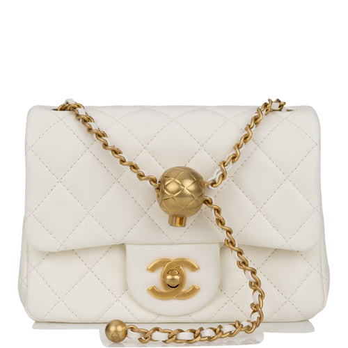 Chanel Pearl Crush Mini Square Flap Bag White Lambskin Antique Gold Hardware