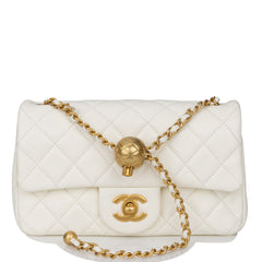 Chanel Pearl Crush Mini Rectangular Flap Bag White Lambskin Antique Gold Hardware