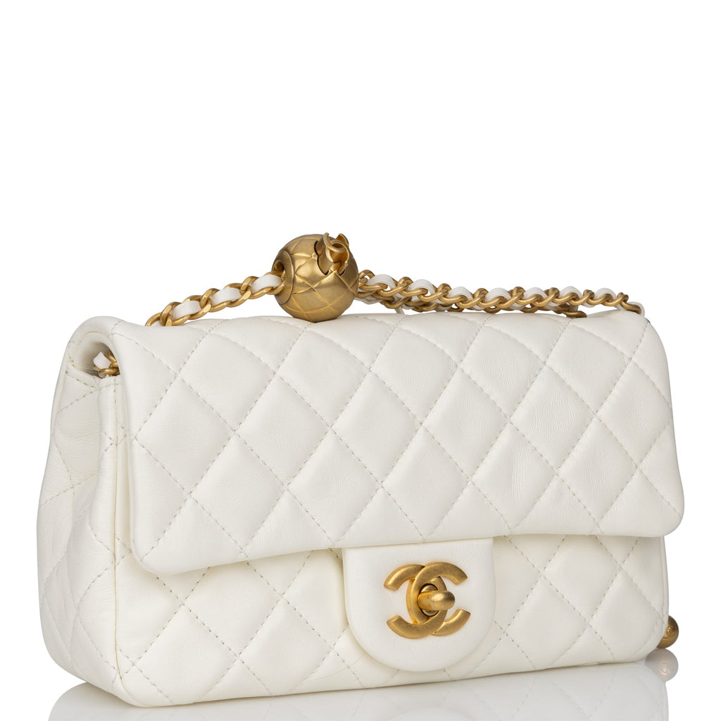 Chanel Pearl Crush Mini Rectangular Flap Bag White Lambskin Antique Gold Hardware