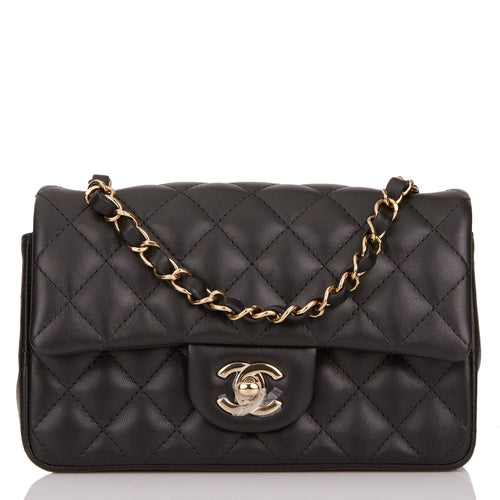 Chanel Mini Rectangular Flap Bag Black Lambskin Light Gold Hardware