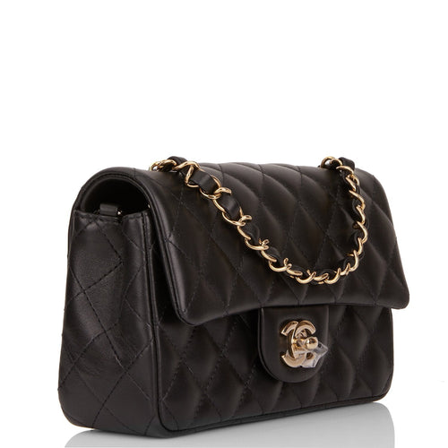 Chanel Mini Rectangular Flap Bag Black Lambskin Light Gold Hardware