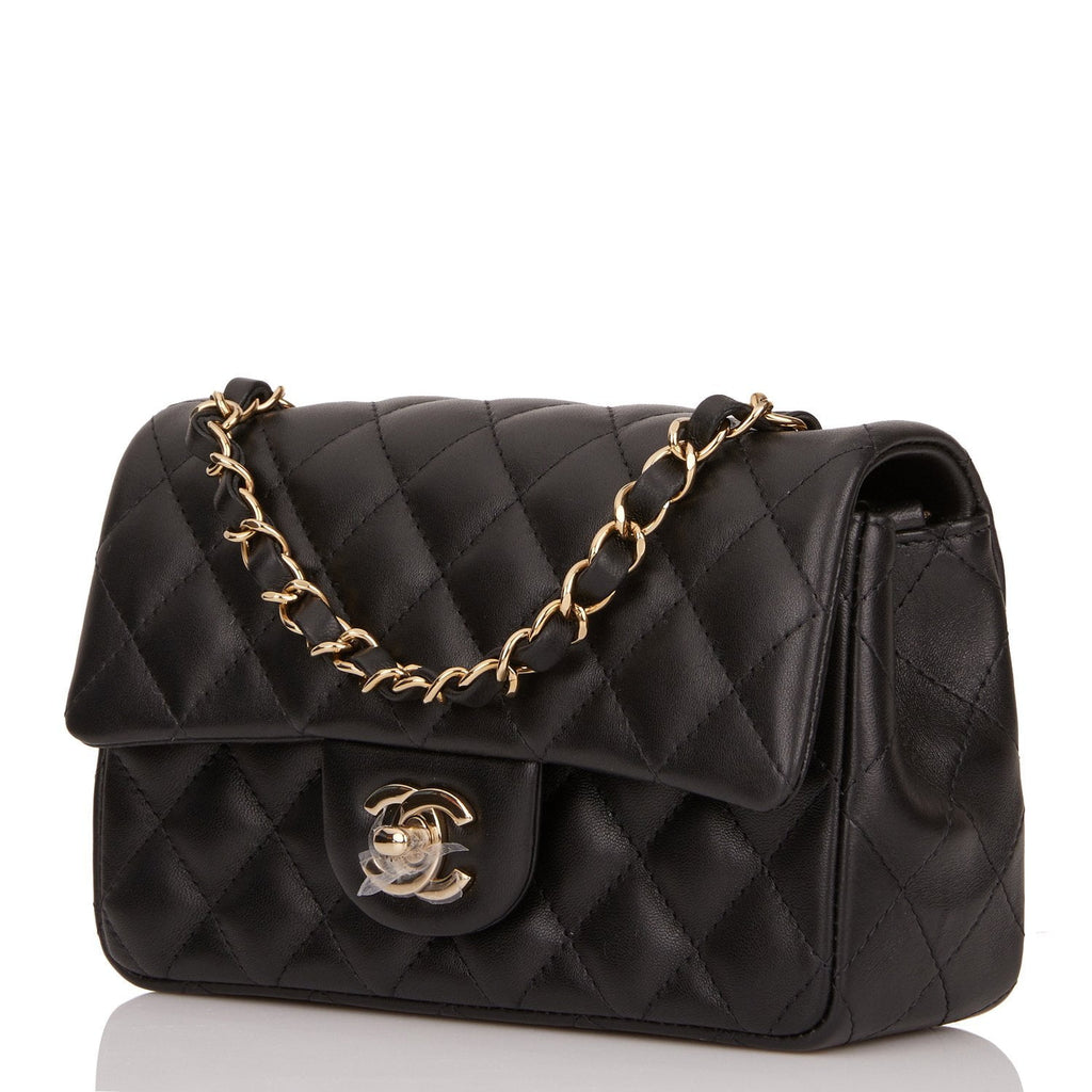 Chanel 16B Classic Mini Rectangular Black Quilted Lambskin with light gold  hardware