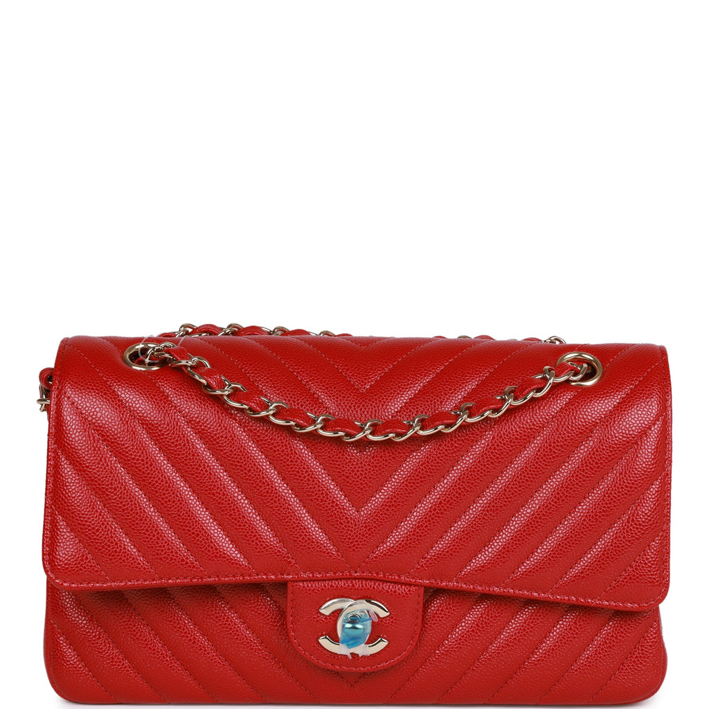 Chanel Medium Classic Double Flap Bag Red Chevron Caviar Light Gold Hardware