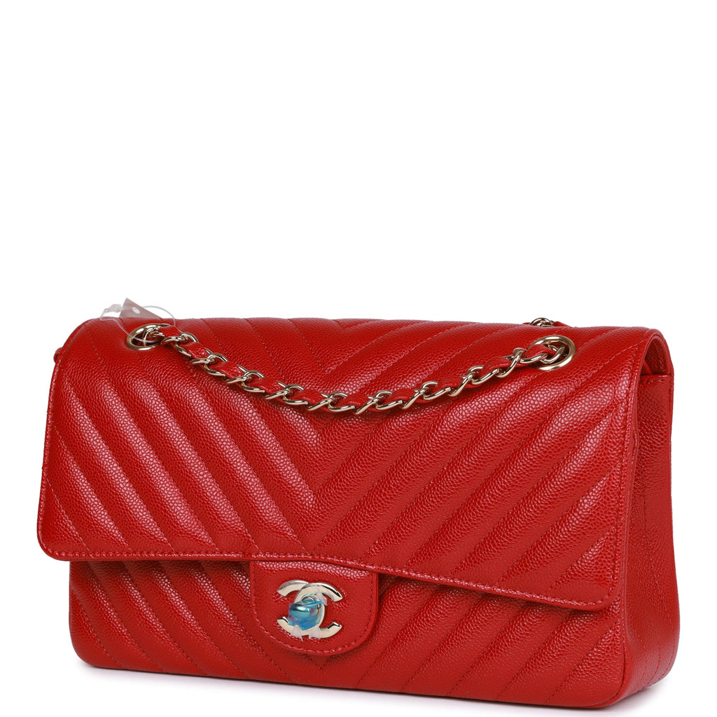 Chanel Medium Classic Double Flap Bag Red Chevron Caviar Light Gold Hardware