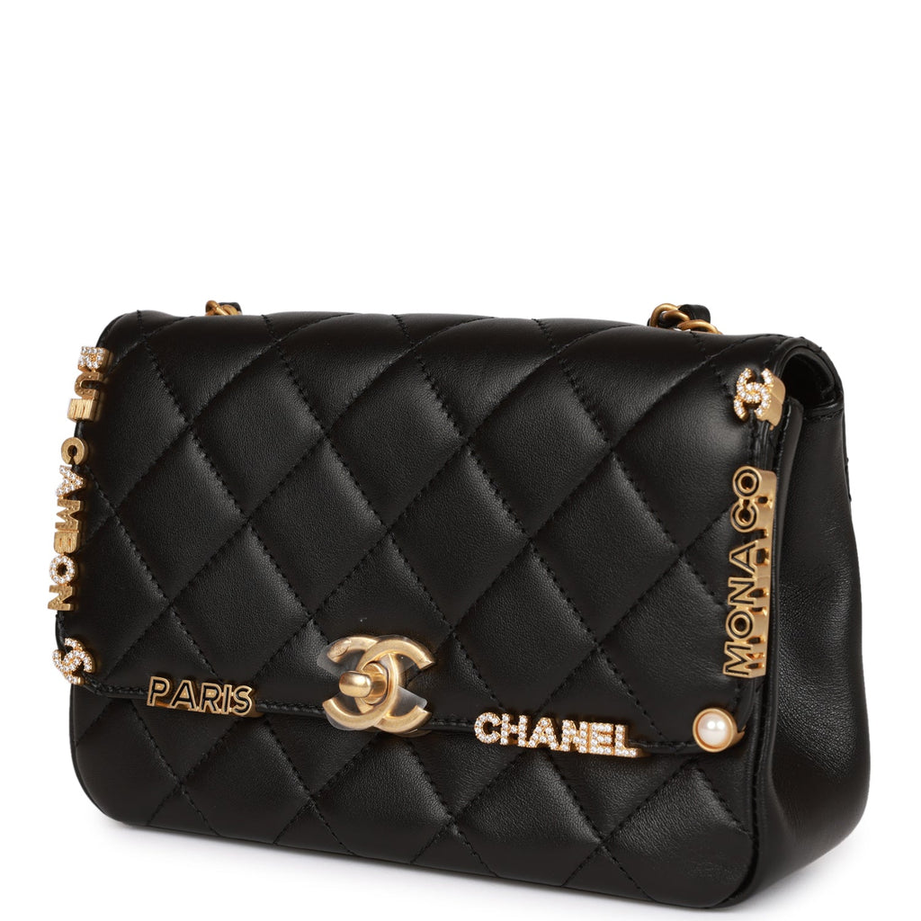 Chanel Monaco Mini Flap Bag Black Lambskin Antique Gold Hardware