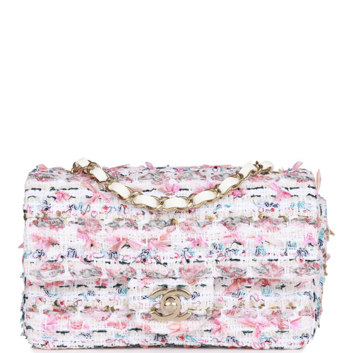 Chanel Mini Rectangular Flap Bag White Tweed Light Gold Hardware