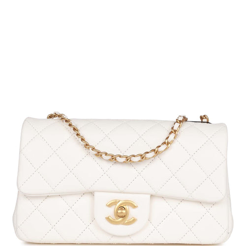 Chanel Pearl Crush Mini Rectangular Flap Bag White Lambskin Antique Gold Hardware