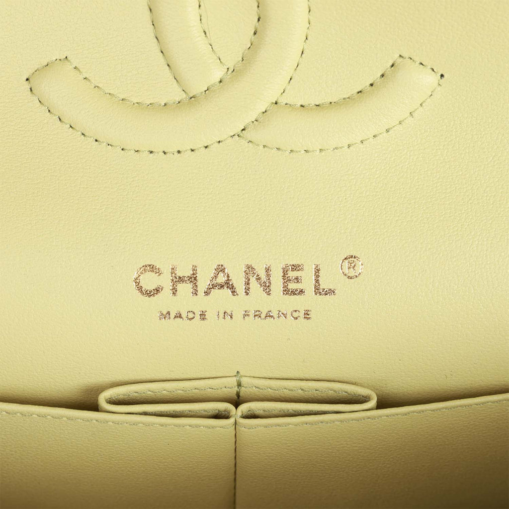 Chanel Medium Classic Double Flap Bag Light Green Lambskin Light Gold Hardware