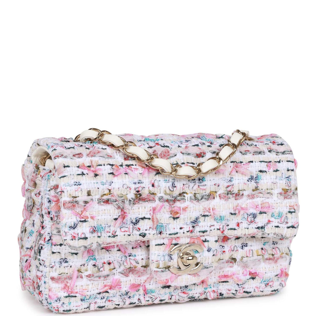 21S CHANEL Pink White Tweed Mini Rectangular Classic Flap Beautiful Bag!