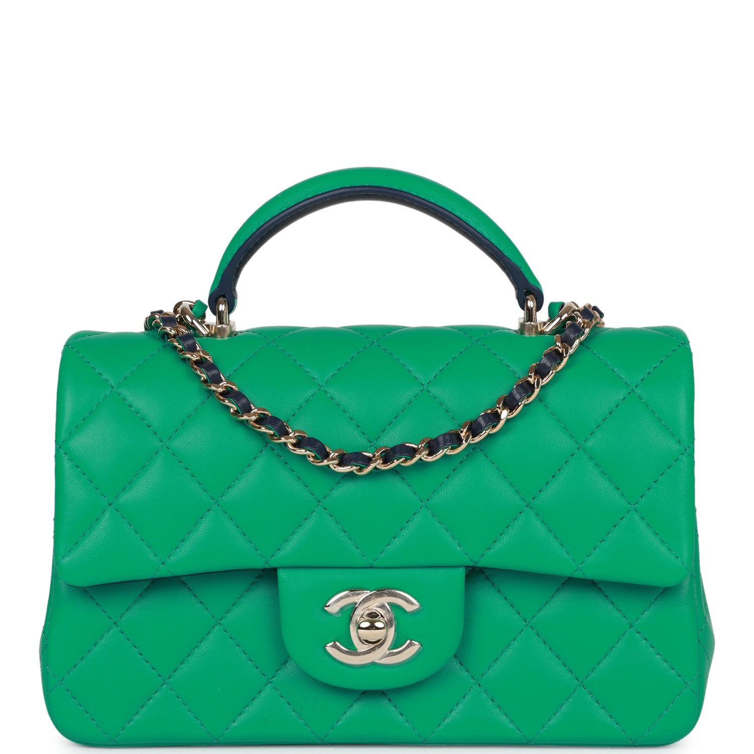 Chanel Mini Rectangular Flap with Top Handle Green and Navy Blue Lambs ...