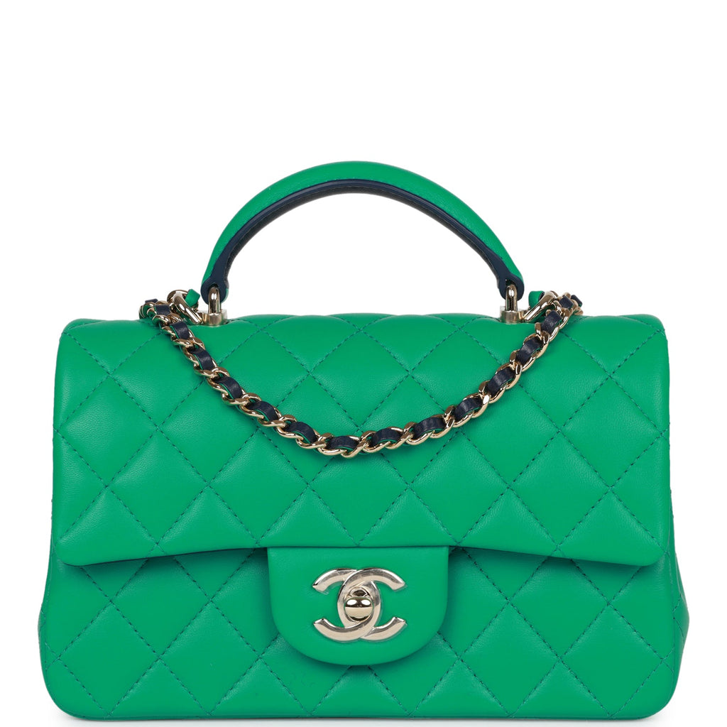 Chanel Mini Rectangular Flap with Top Handle Green and Navy Blue Lambs –  Madison Avenue Couture