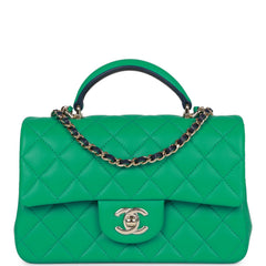 Chanel Mini Rectangular Flap with Top Handle Green and Navy Blue Lambskin Light Gold Hardware