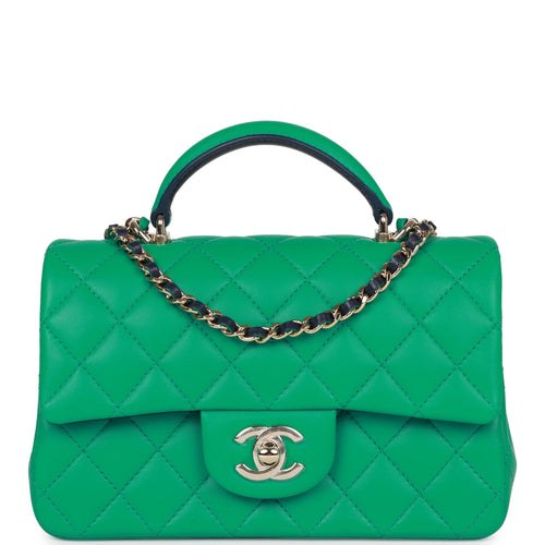 Chanel Mini Rectangular Flap with Top Handle Green and Navy Blue Lambskin Light Gold Hardware