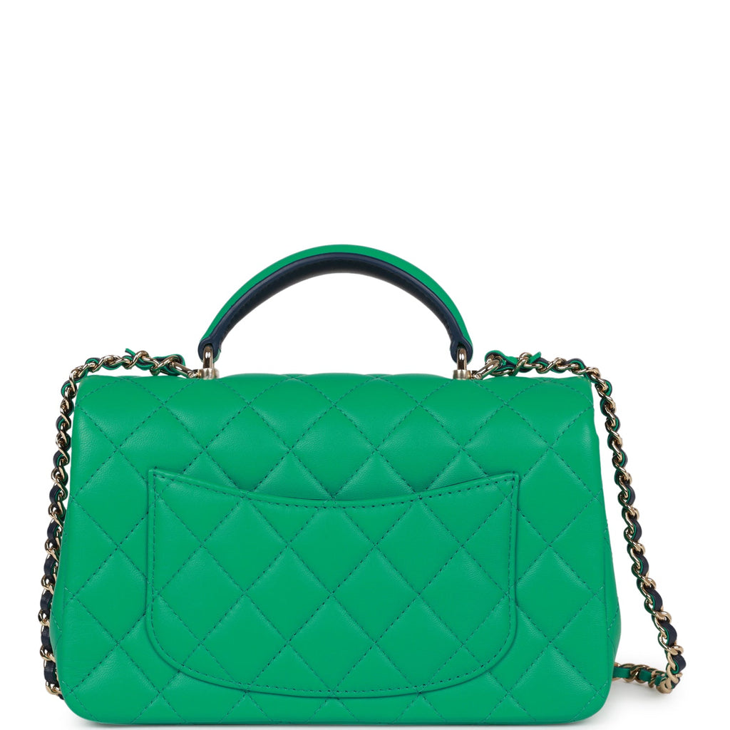 Chanel Mini Rectangular Flap with Top Handle Green and Navy Blue Lambskin Light Gold Hardware