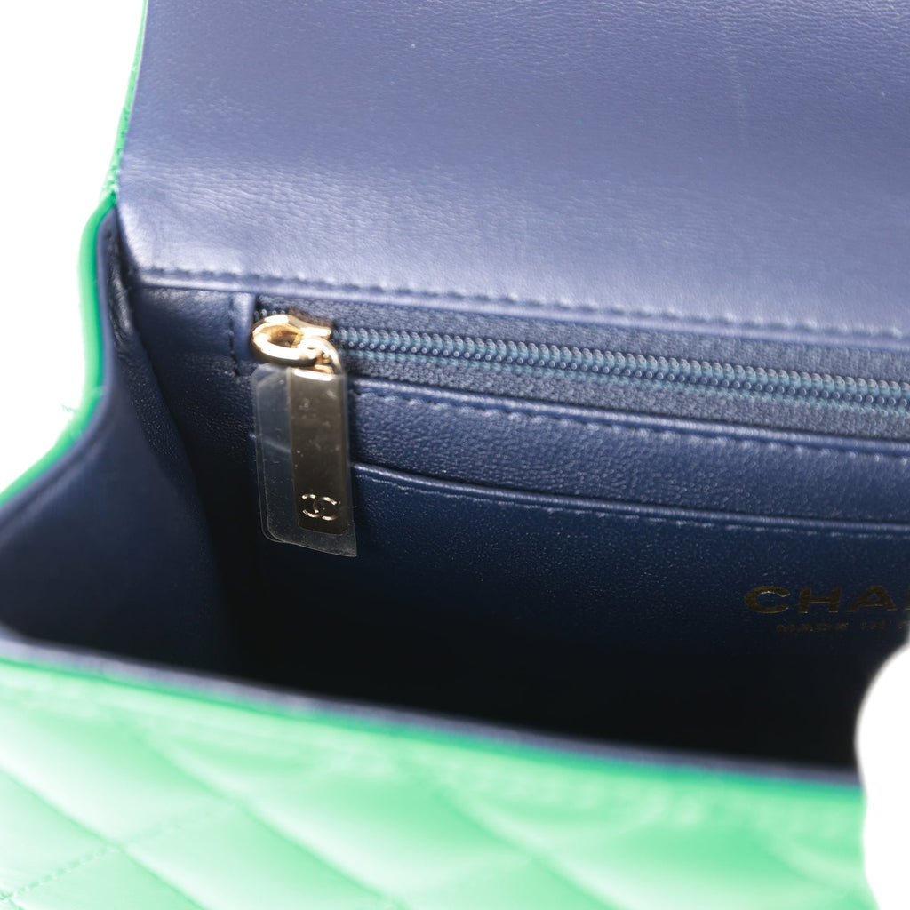 Chanel Mini Rectangular Flap with Top Handle Green and Navy Blue Lambskin Light Gold Hardware