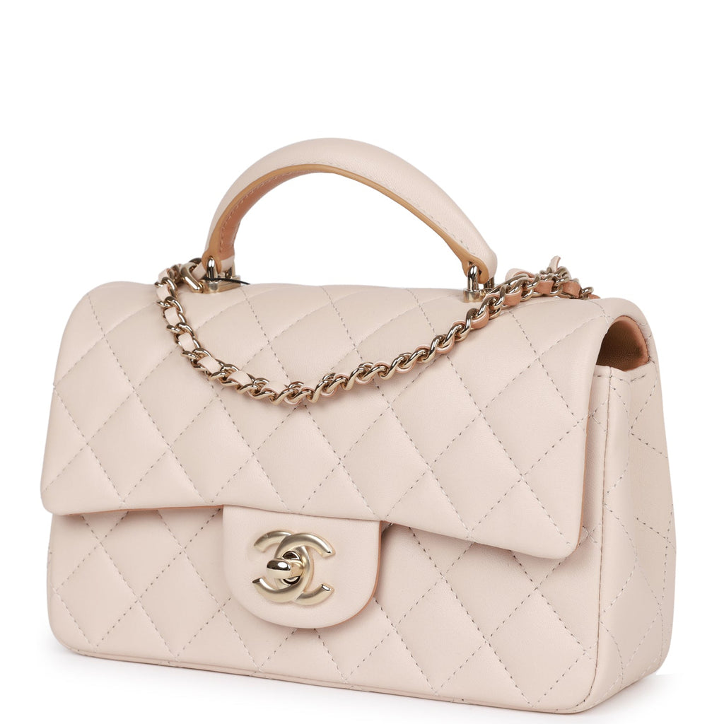 Chanel Mini Rectangular Flap with Top Handle Beige and Caramel Lambskin Light Gold Hardware