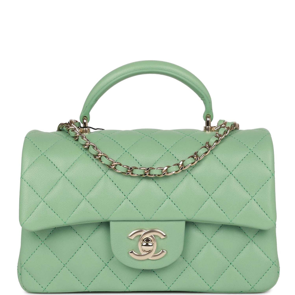 Chanel Mini Square Flap Bag Lambskin Light Green LGHW (Microchip)