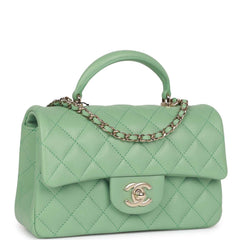 Chanel Mini Rectangular Flap with Top Handle Light Green Lambskin Light Gold Hardware