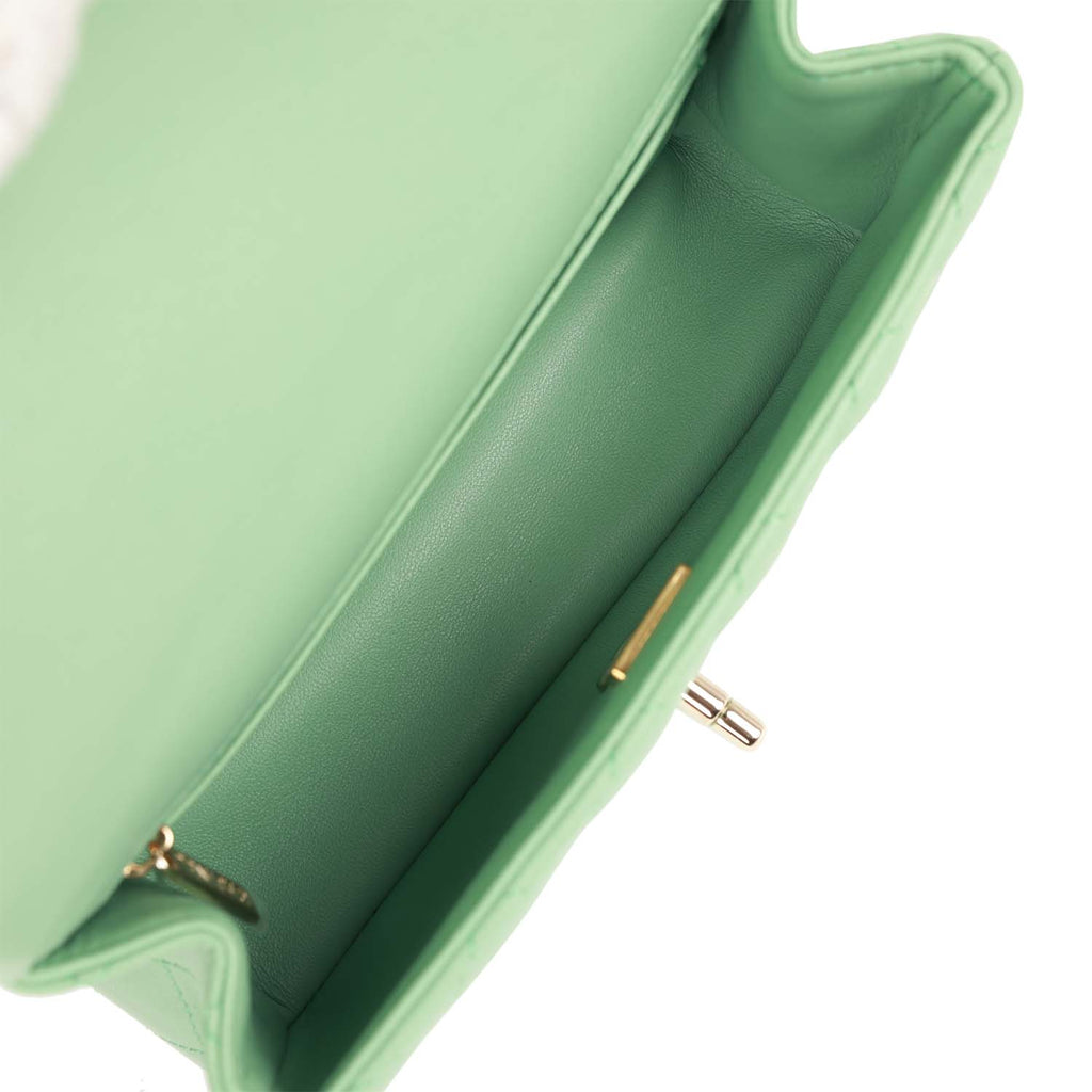Chanel Mini Rectangular Flap with Top Handle Light Green Lambskin Light Gold Hardware