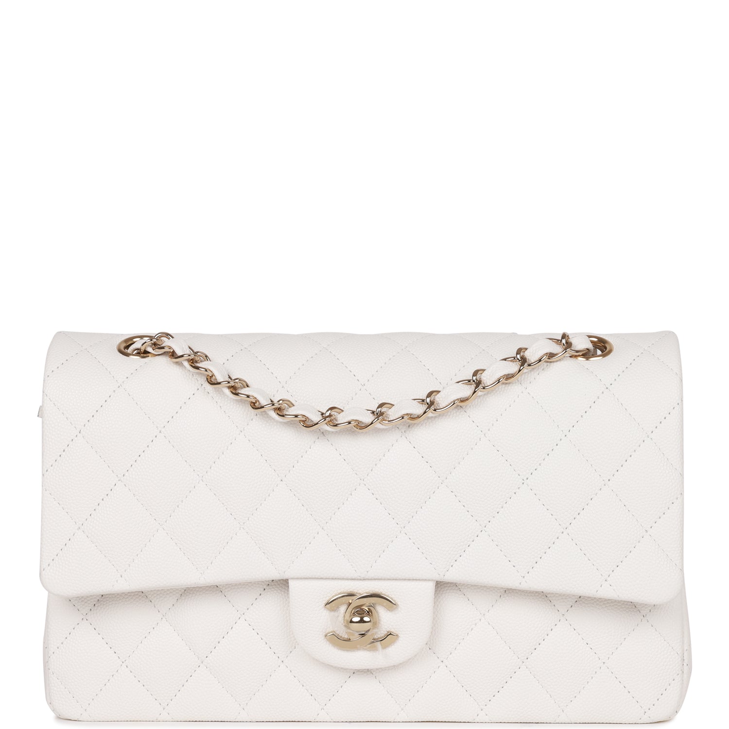 Chanel White Quilted Caviar Medium Classic Double Flap Bag Light Gold ...