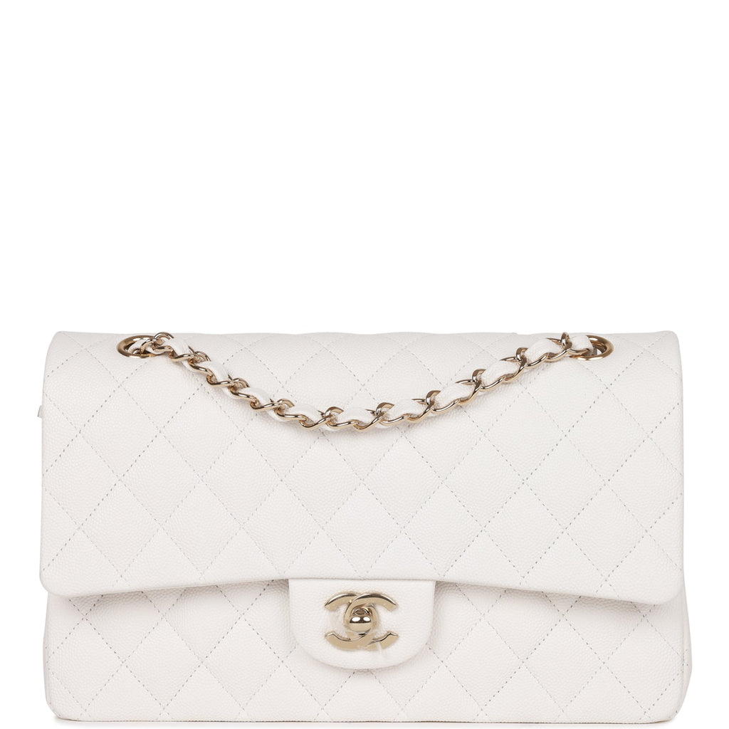 Chanel Medium Classic Double Flap Bag White Caviar Light Gold Hardware
