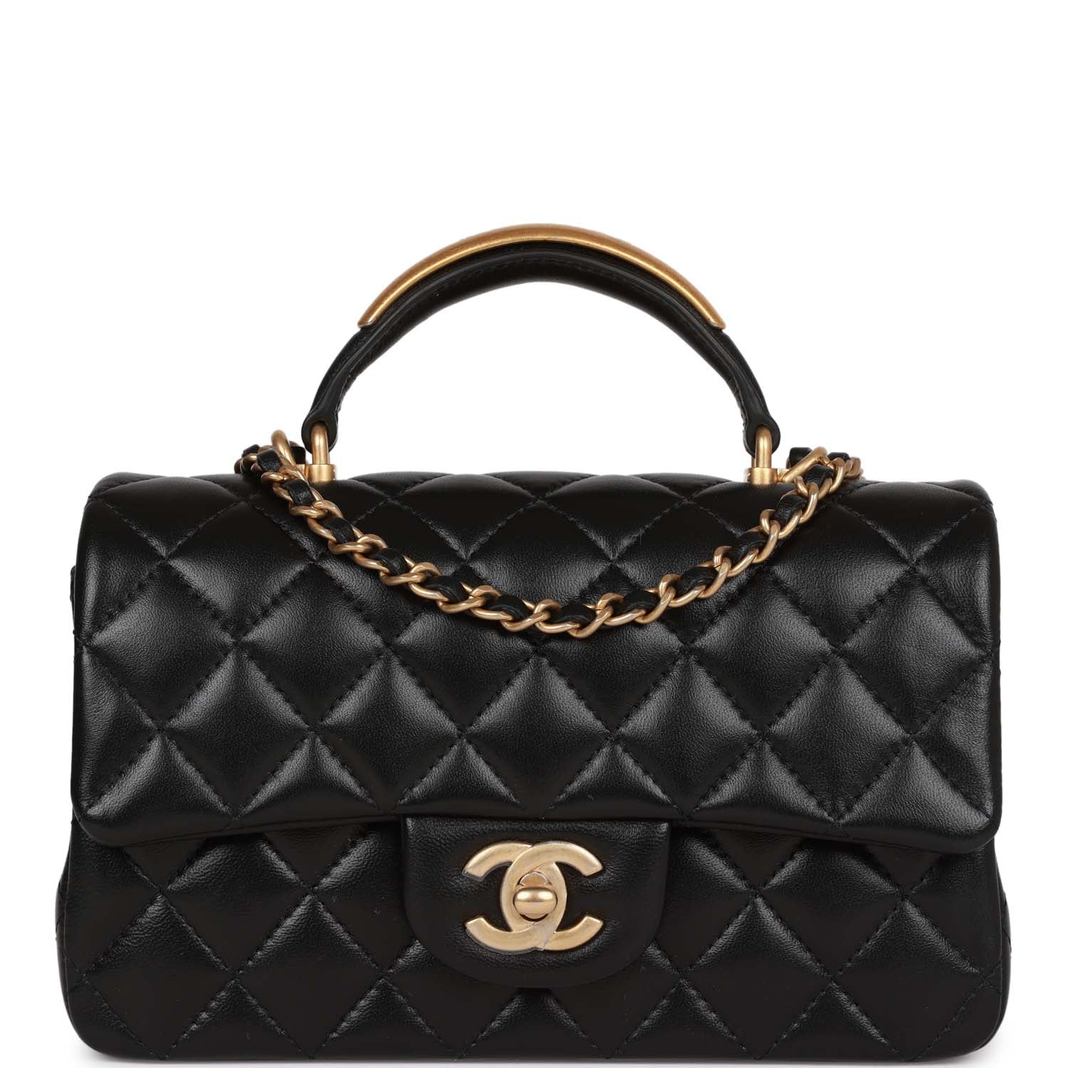 Chanel Mini Rectangular Flap with Top Handle Black Lambskin Antique Go