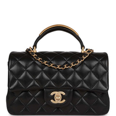 Chanel Mini Rectangular Flap with Top Handle Black Lambskin Antique Gold Hardware
