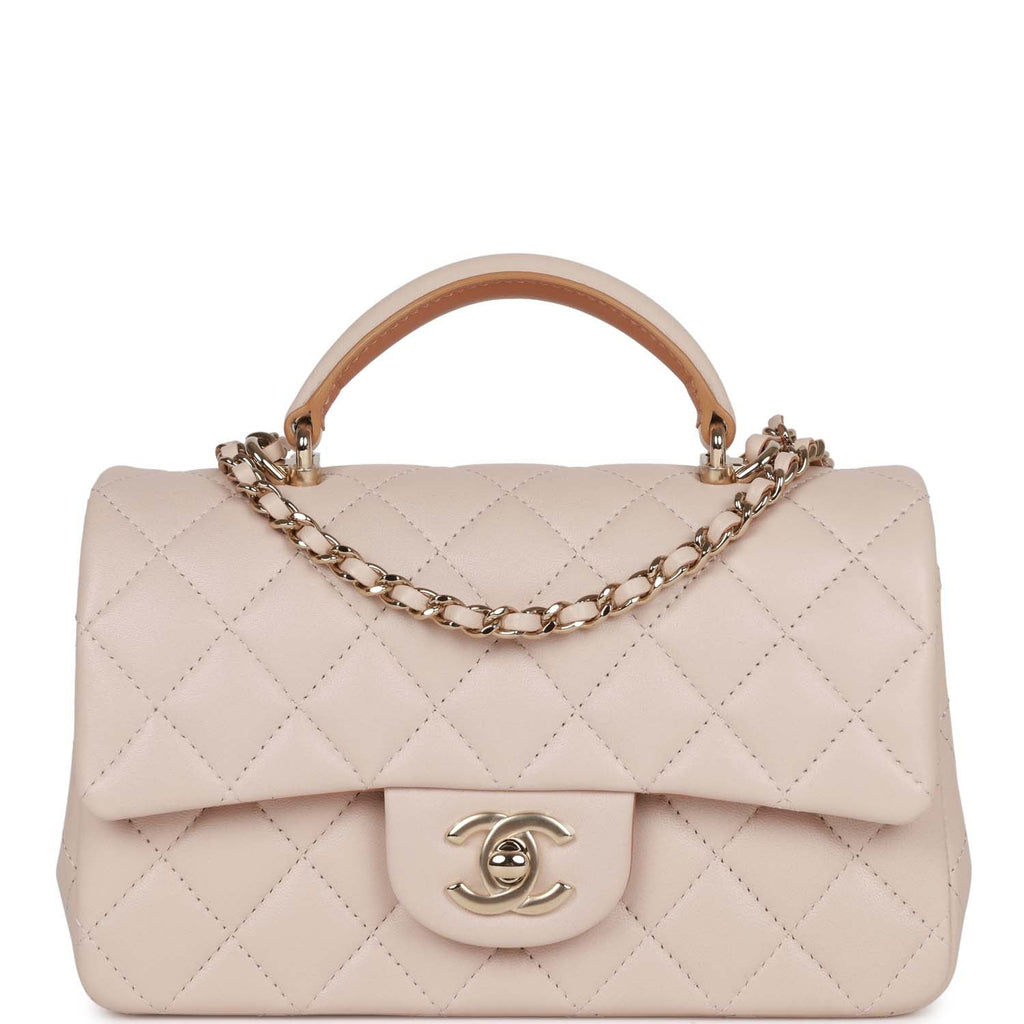 Chanel Mini Flap with Top Handle Beige and Caramel Lambskin Light Gold Hardware Beige/Caramel New Lambskin