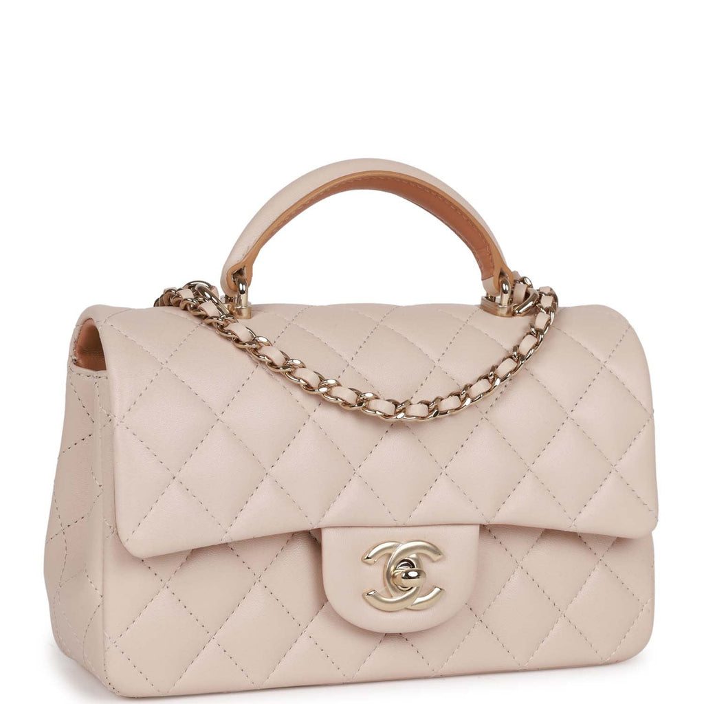 Chanel Mini Flap with Top Handle Beige and Caramel Lambskin Light Gold Hardware Beige/Caramel New Lambskin