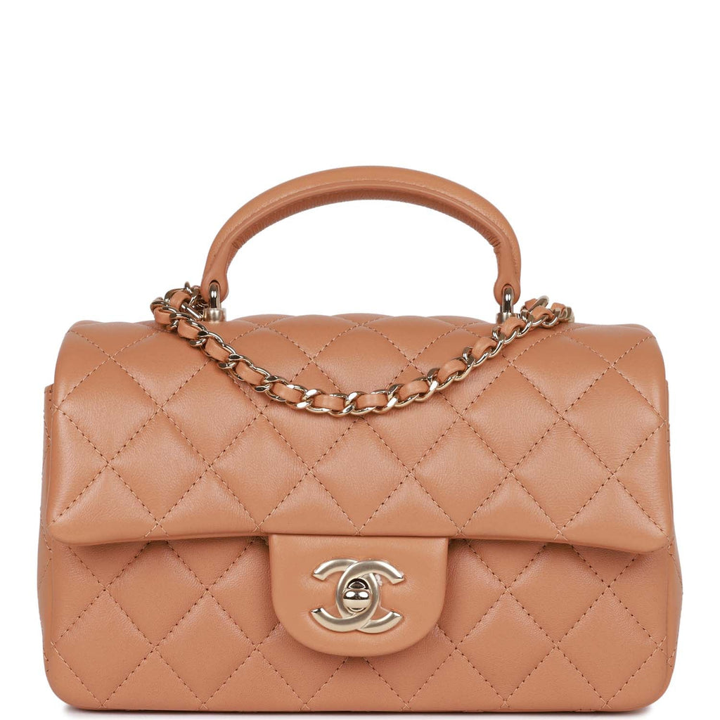 Chanel Mini Rectangular Flap with Top Handle Beige and Caramel Lambski –  Madison Avenue Couture