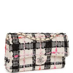 Pre-owned Chanel Medium Classic Double Flap Bag White, Black, and Pink Tweed Silver Hardware