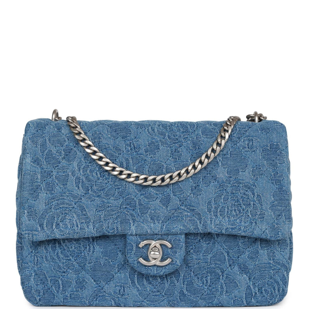 Chanel Denim Quilted Camellia Sweetheart Card Holder with Chain Blue
