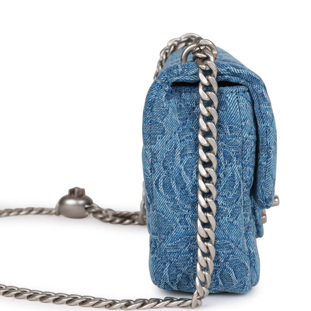 CHANEL Shoulder Bag Blue Denim Stitched Flowers Silver Turnlock CC
