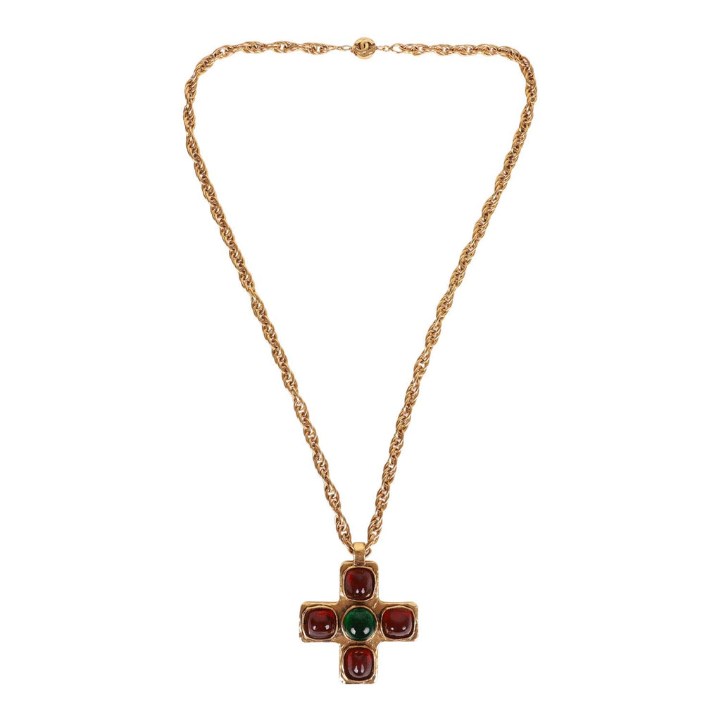 Vintage CHANEL Byzantine Cross Gripoix Pearl Double Chain Necklace For Sale  at 1stDibs