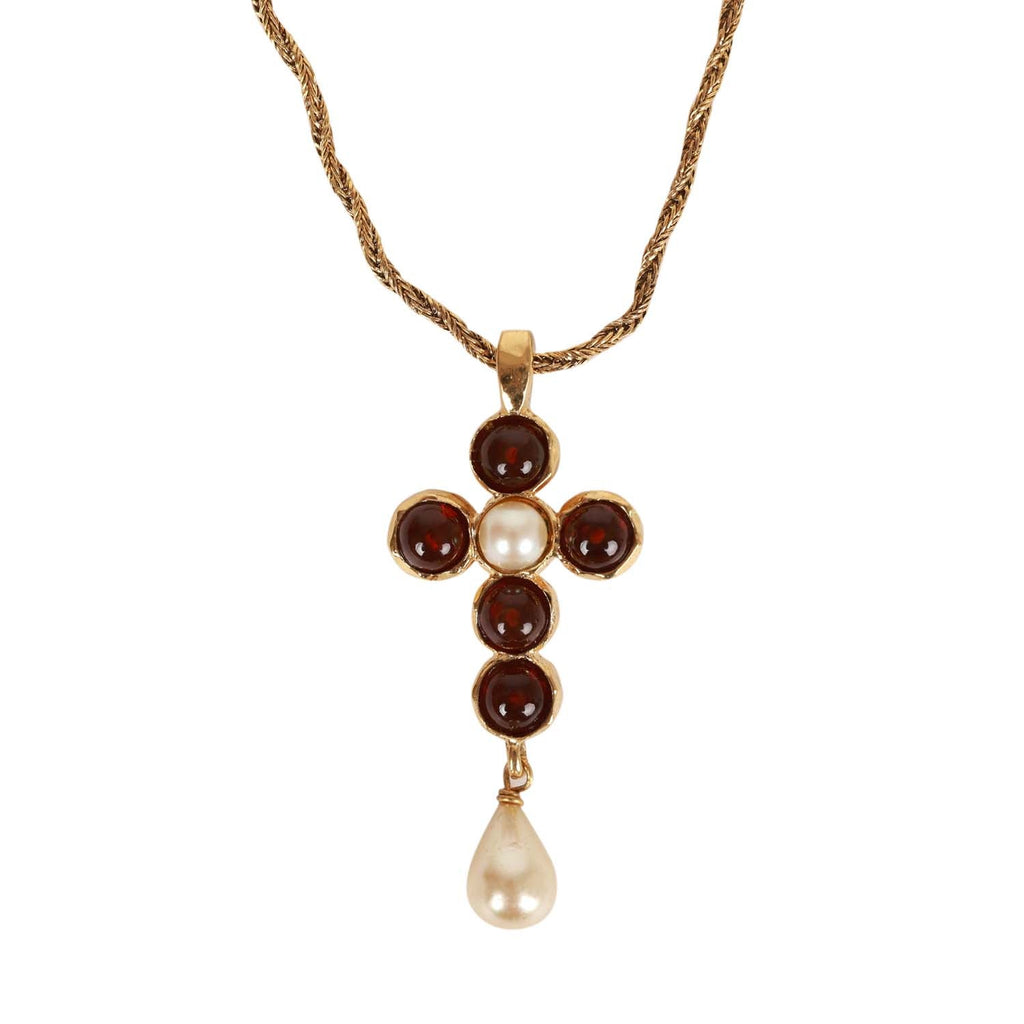Vintage Chanel Gold Gripoix and Pearl Embellished Cross Pendant