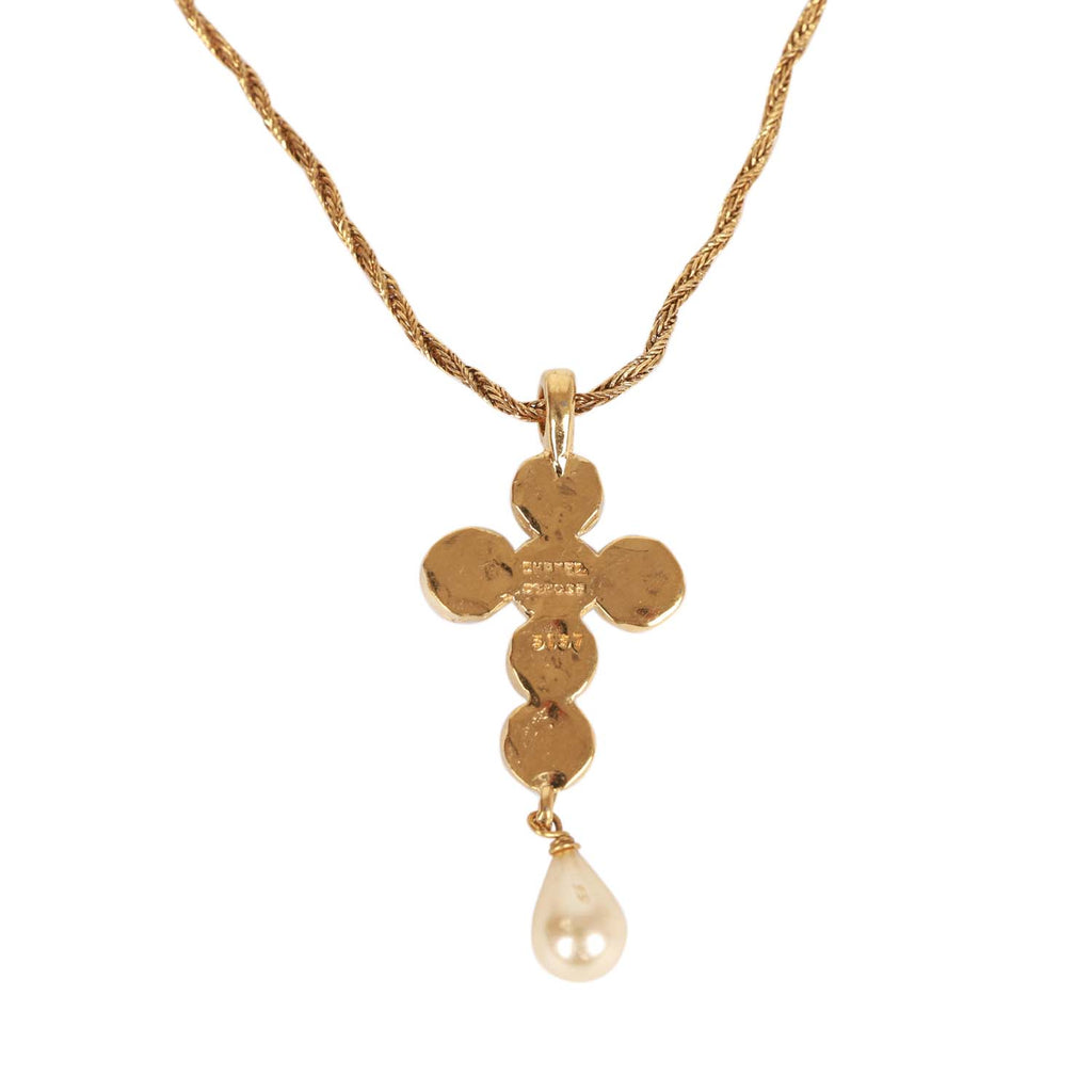 Vintage Chanel Gold Gripoix and Pearl Embellished Cross Pendant Necklace