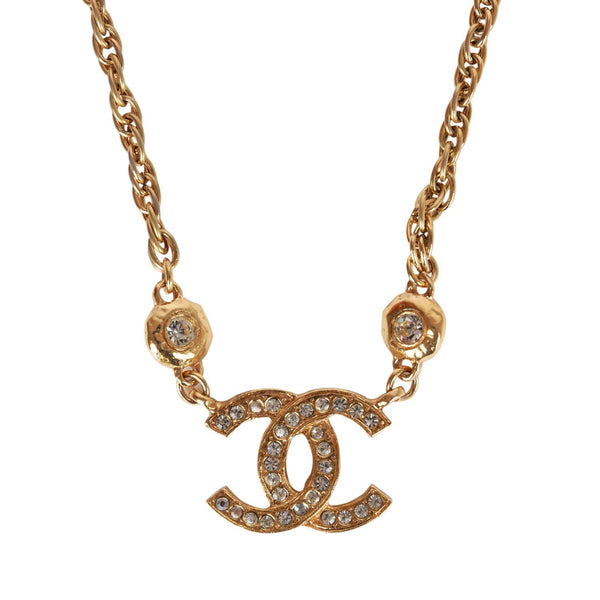 CHANEL Vintage Gold Plated CC Logo Medallion Flower Chain Necklace 1995