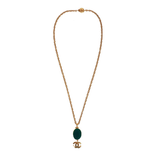 Vintage Chanel Gold Plated Hanging Green Gripoix and CC Pendant Necklace
