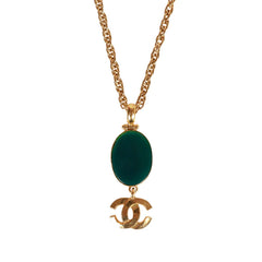 Vintage Chanel Gold Plated Hanging Green Gripoix and CC Pendant Necklace