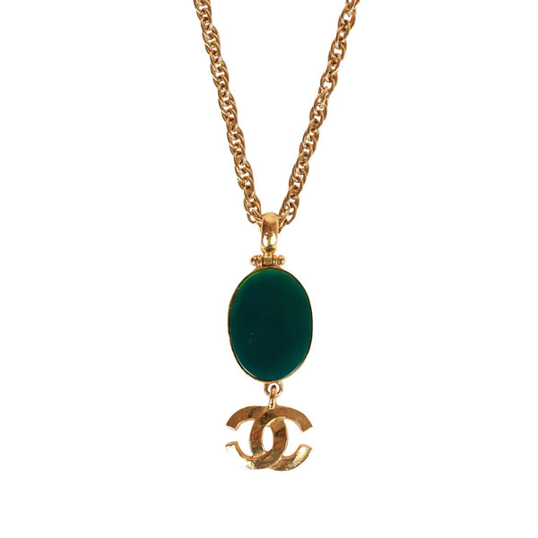 Vintage Chanel Gold Plated Hanging Green Gripoix and CC Pendant