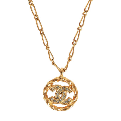 Vintage Chanel 24K Gold Plated Crystal CC Charm Pendant Necklace