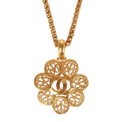 Vintage Chanel 24K Gold Plated Large Byzantine Flower CC Pendant Necklace