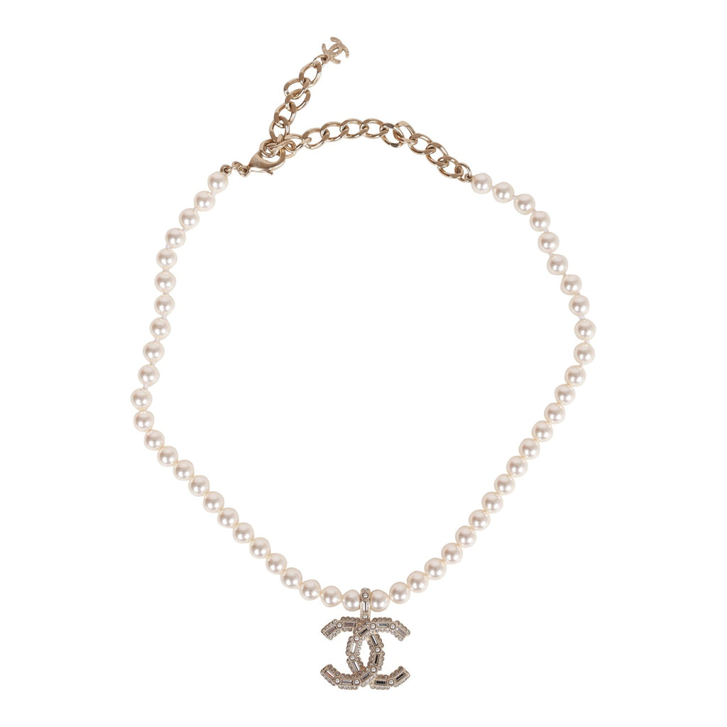 Chanel Silvertone Metal CC Pearl Pendant Long Necklace - Yoogi's