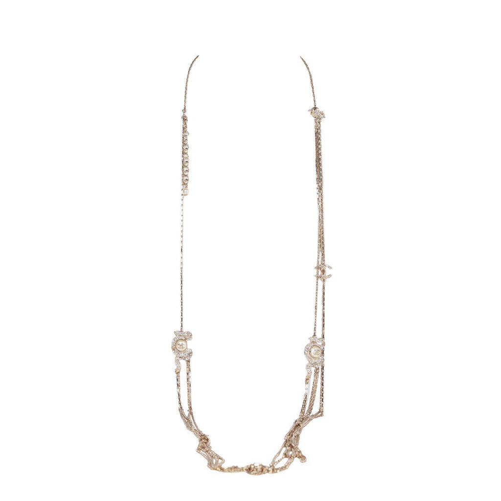 Chanel CC Crystals Faux Pearl Gold Tone Long Necklace Chanel