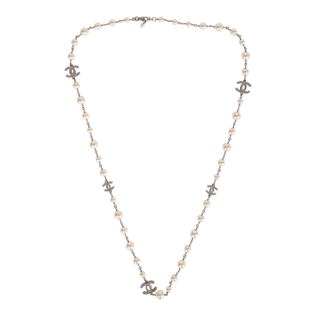 CHANEL Crystal Pearl Twisted CC Drop Necklace Silver