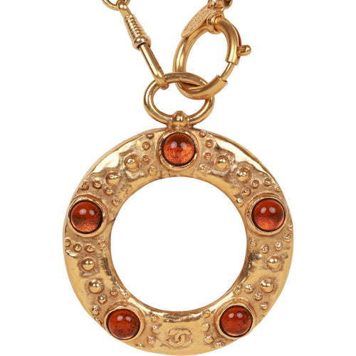 Vintage Chanel 24K Gold Plated Amber Gripoix Loupe Pendant Necklace