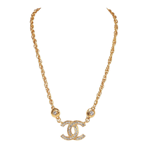 Vintage Chanel 24K Gold Plated Crystal Signature CC Logo Necklace